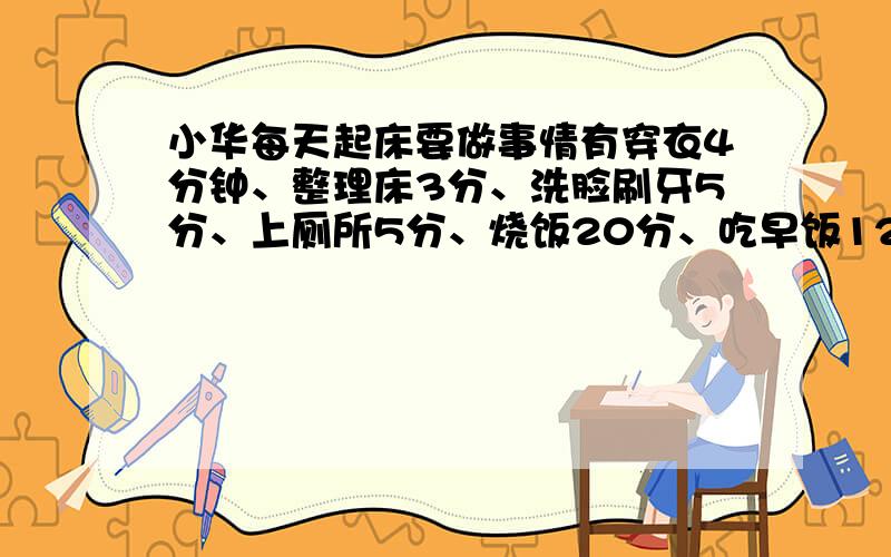 小华每天起床要做事情有穿衣4分钟、整理床3分、洗脸刷牙5分、上厕所5分、烧饭20分、吃早饭12分、完成这些要49分、你认为最合理的安排是多少分钟?