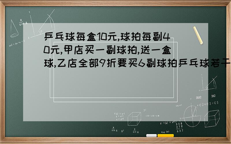 乒乓球每盒10元,球拍每副40元,甲店买一副球拍,送一盒球,乙店全部9折要买6副球拍乒乓球若干（不小于6盒问：购买多少盒乒乓球,联众方法付款一样?（2）：购买20盒时,你去那家买,为什么?（3