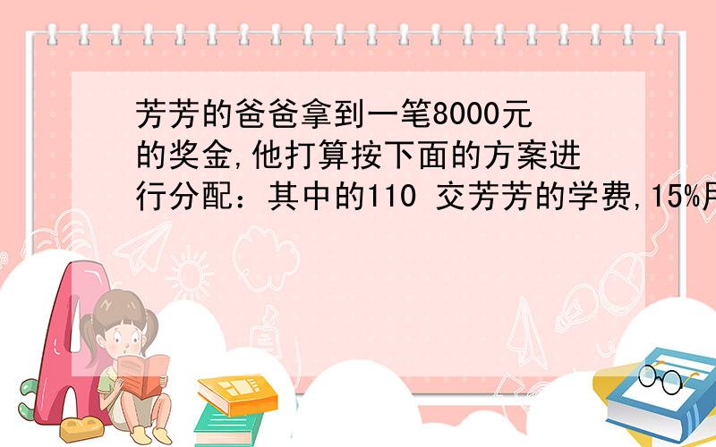 芳芳的爸爸拿到一笔8000元的奖金,他打算按下面的方案进行分配：其中的110 交芳芳的学费,15%用来购书,其余的购买国家建设债券.1）交学费和购书一共多少钱?（2）国家建设债券定期三年,年利