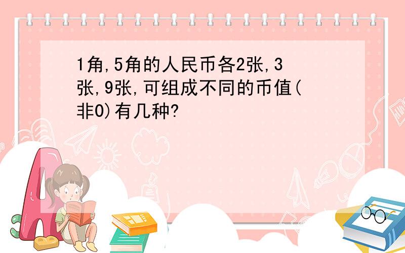 1角,5角的人民币各2张,3张,9张,可组成不同的币值(非0)有几种?