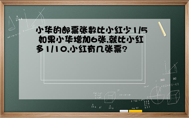 小华的邮票张数比小红少1/5 如果小华增加6张,就比小红多1/10,小红有几张票?