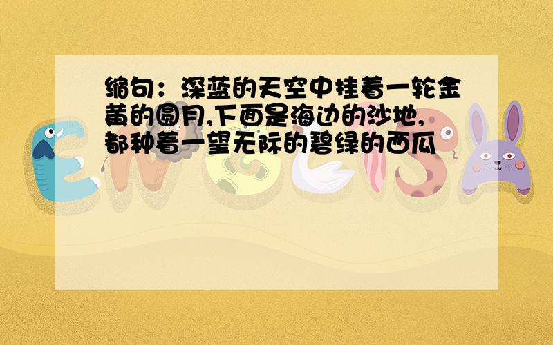 缩句：深蓝的天空中挂着一轮金黄的圆月,下面是海边的沙地,都种着一望无际的碧绿的西瓜