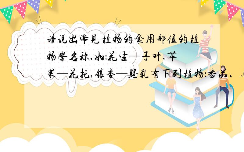 请说出常见植物的食用部位的植物学名称,如：花生—子叶,苹果—花托,银杏—胚乳有下列植物：番茄、马铃薯、凤梨、无花果、梨、桃、甜菜、西瓜、草莓、龙眼、椰子、橘子、葡萄、萝卜