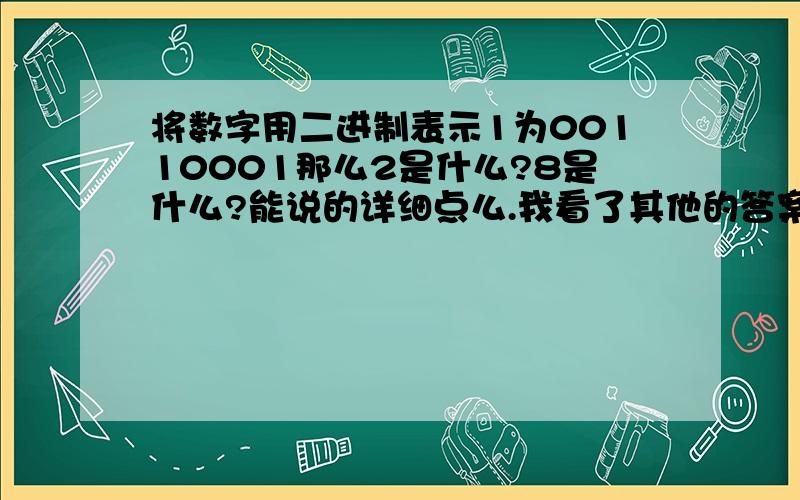 将数字用二进制表示1为00110001那么2是什么?8是什么?能说的详细点么.我看了其他的答案但还是不懂.所以希望能说的再详细点.