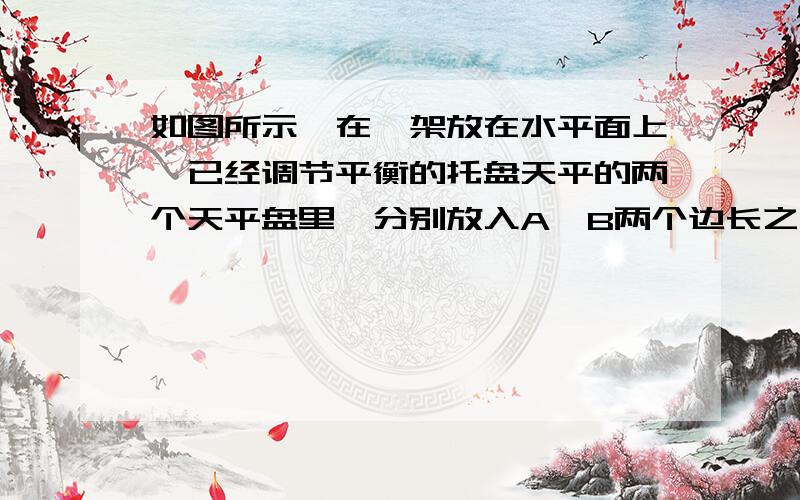 如图所示,在一架放在水平面上、已经调节平衡的托盘天平的两个天平盘里,分别放入A、B两个边长之比为2：1（接上）实心正方体,天平仍然保持平衡.则可知MA:MB=_____;PA:PB=____.