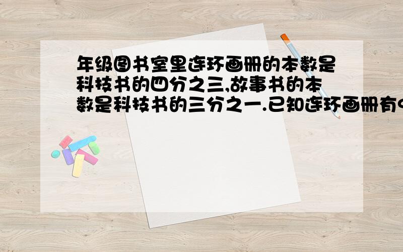 年级图书室里连环画册的本数是科技书的四分之三,故事书的本数是科技书的三分之一.已知连环画册有9年级图书室里连环画册的本数是科技书的四分之三,故事书的本数是科技书的三分之一.