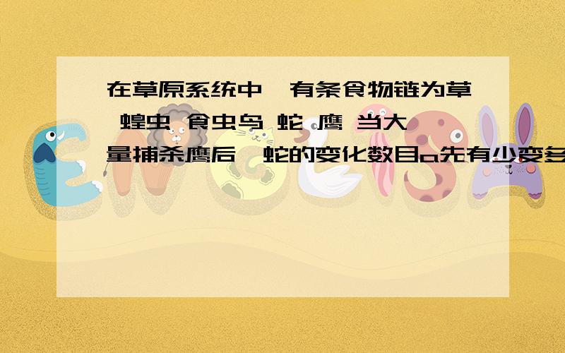 在草原系统中,有条食物链为草 蝗虫 食虫鸟 蛇 鹰 当大量捕杀鹰后,蛇的变化数目a先有少变多 ,后有多变少b先有多变少,后有少变多