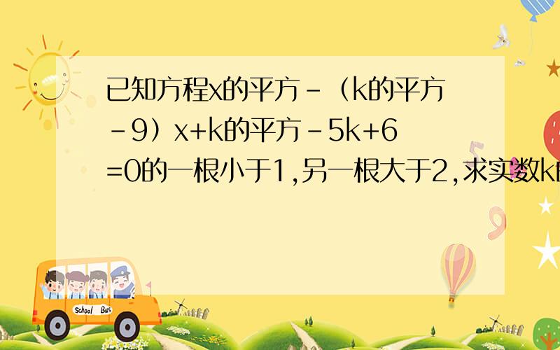 已知方程x的平方-（k的平方-9）x+k的平方-5k+6=0的一根小于1,另一根大于2,求实数k的取值范围