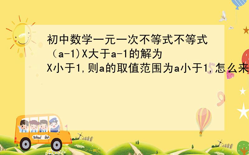 初中数学一元一次不等式不等式（a-1)X大于a-1的解为X小于1,则a的取值范围为a小于1,怎么来的,方便的话写在纸上方便我看