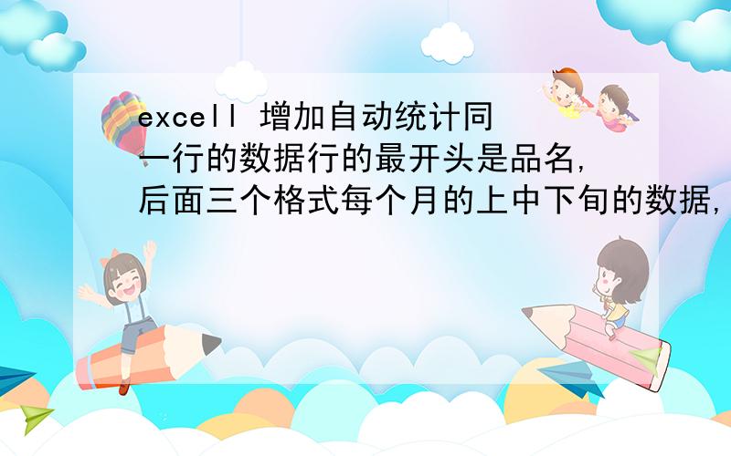 excell 增加自动统计同一行的数据行的最开头是品名,后面三个格式每个月的上中下旬的数据,想在第四个行增加EXCELL自动计算前面三项和的功能,