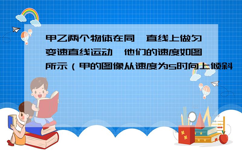 甲乙两个物体在同一直线上做匀变速直线运动,他们的速度如图所示（甲的图像从速度为5时向上倾斜,乙的图像乙的图像从速度为15时向下倾斜,且当t=4时,两图像相交）则A.甲乙两物体运动方向