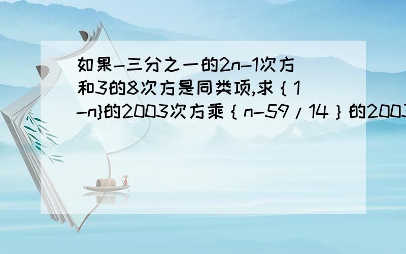 如果-三分之一的2n-1次方和3的8次方是同类项,求｛1-n}的2003次方乘｛n-59/14｝的2003次方的值?