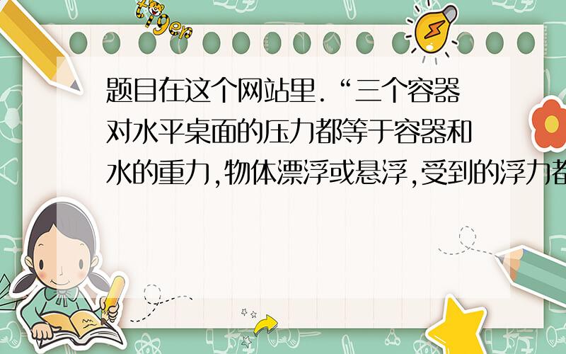 题目在这个网站里.“三个容器对水平桌面的压力都等于容器和水的重力,物体漂浮或悬浮,受到的浮力都等于物体重,由阿基米德原理可知排开的水重等于物体重”这部分我可以理解,可是为什