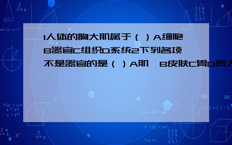 1人体的胸大肌属于（）A细胞B器官C组织D系统2下列各项不是器官的是（）A肌腱B皮肤C胃D臀大肌标注题号