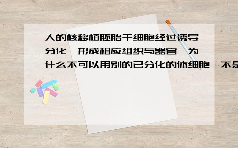 人的核移植胚胎干细胞经过诱导分化,形成相应组织与器官,为什么不可以用别的已分化的体细胞,不是只是把细胞核移入卵母细胞吗,已经分化的细胞其遗传物质不是与干细胞一样,那么只是移