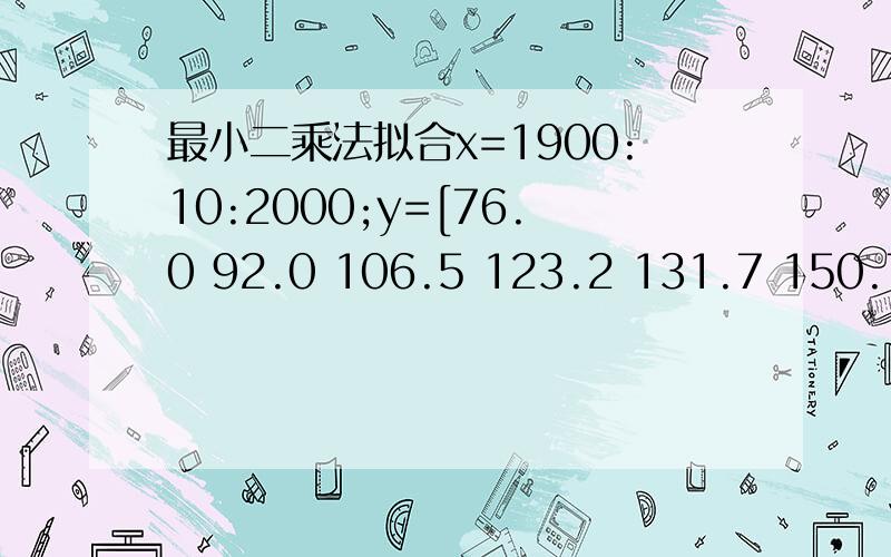 最小二乘法拟合x=1900:10:2000;y=[76.0 92.0 106.5 123.2 131.7 150.7 179.3 204.0 226.5 251.4 281.4];A=polyfit(x,y,1)z=polyval(A,x);plot(x,y,'k+',x,z,'r') 得到：A =1.0e+003 *0.0020 -3.7942这样子A的参数到底是多少呀