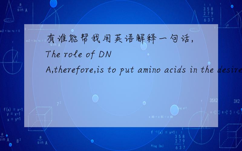 有谁能帮我用英语解释一句话,The role of DNA,therefore,is to put amino acids in the desired sequence before peptide bonds form between each pair of amino acids.