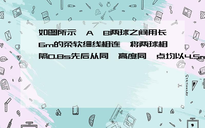 如图所示,A,B两球之间用长6m的柔软细线相连,将两球相隔0.8s先后从同一高度同一点均以4.5m/s的初速度水平抛出,求：细线刚被拉直时,两球的动能各是多少?