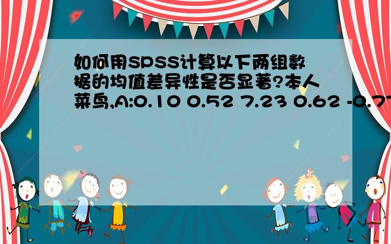 如何用SPSS计算以下两组数据的均值差异性是否显著?本人菜鸟,A:0.10 0.52 7.23 0.62 -0.77 0.10 1.14 -1.86 -0.52 -1.03 -1.09 -1.50 -0.82 4.34 3.05 -0.62 B:0.52 0.57 0.15 0.88 -1.55 0.00 1.55 0.37 0.00 0.11 0.00 0.57 -0.51 0.37 0.52