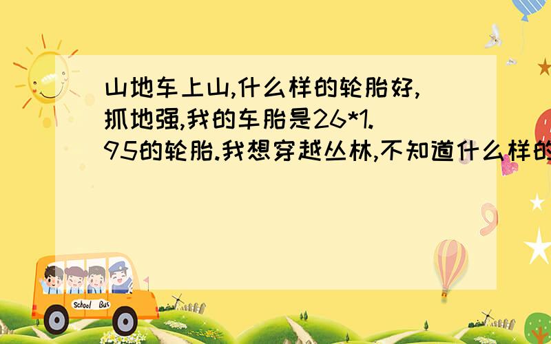 山地车上山,什么样的轮胎好,抓地强,我的车胎是26*1.95的轮胎.我想穿越丛林,不知道什么样的轮胎好,请教以下各位是用什么轮胎的.