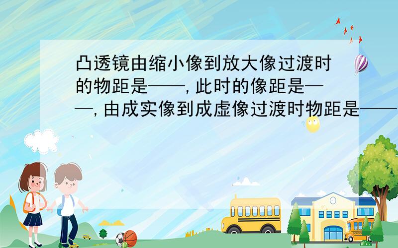 凸透镜由缩小像到放大像过渡时的物距是——,此时的像距是——,由成实像到成虚像过渡时物距是——.