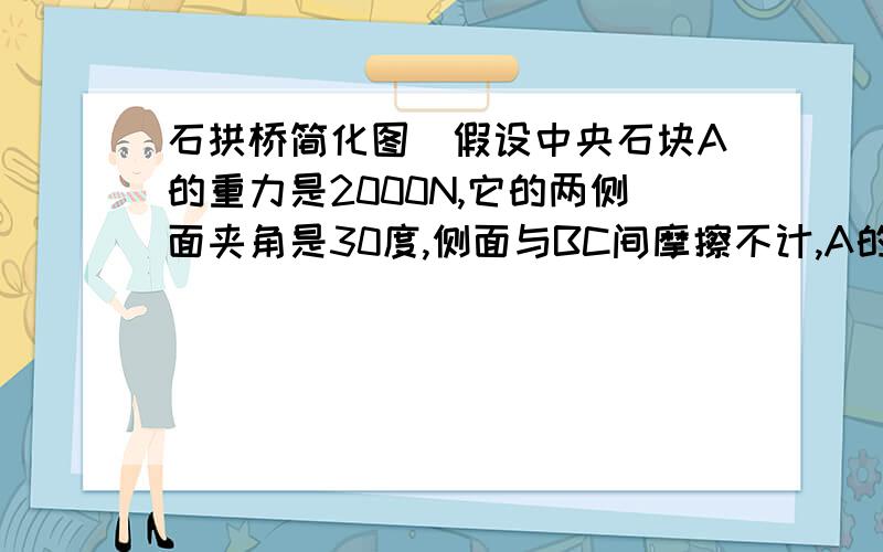 石拱桥简化图．假设中央石块A的重力是2000N,它的两侧面夹角是30度,侧面与BC间摩擦不计,A的中央角平分线MN与地面相垂直．求A对两边石块的压力分别是多大．要过程,图两个角总共30度吧