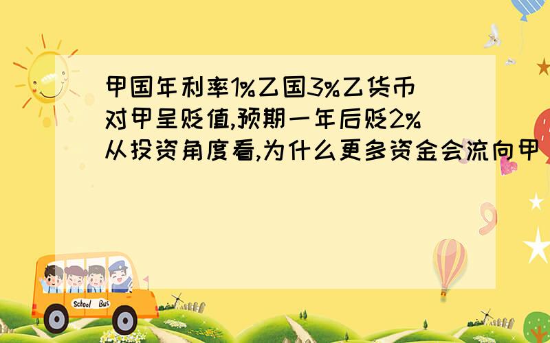 甲国年利率1%乙国3%乙货币对甲呈贬值,预期一年后贬2%从投资角度看,为什么更多资金会流向甲