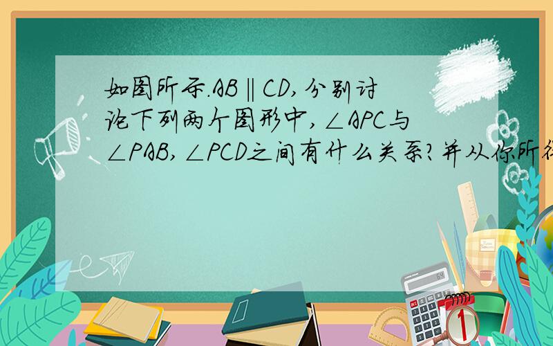 如图所示.AB‖CD,分别讨论下列两个图形中,∠APC与∠PAB,∠PCD之间有什么关系?并从你所得的两个关系中任选