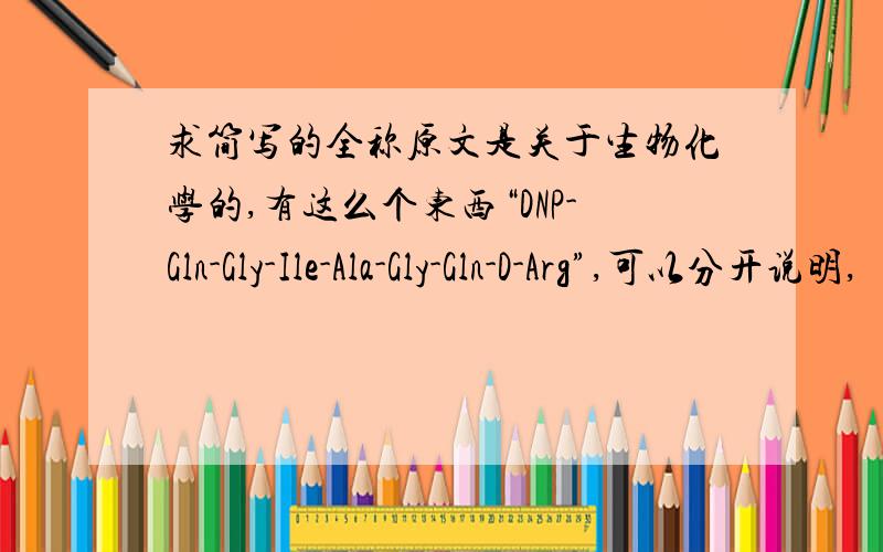 求简写的全称原文是关于生物化学的,有这么个东西“DNP-Gln-Gly-Ile-Ala-Gly-Gln-D-Arg”,可以分开说明,