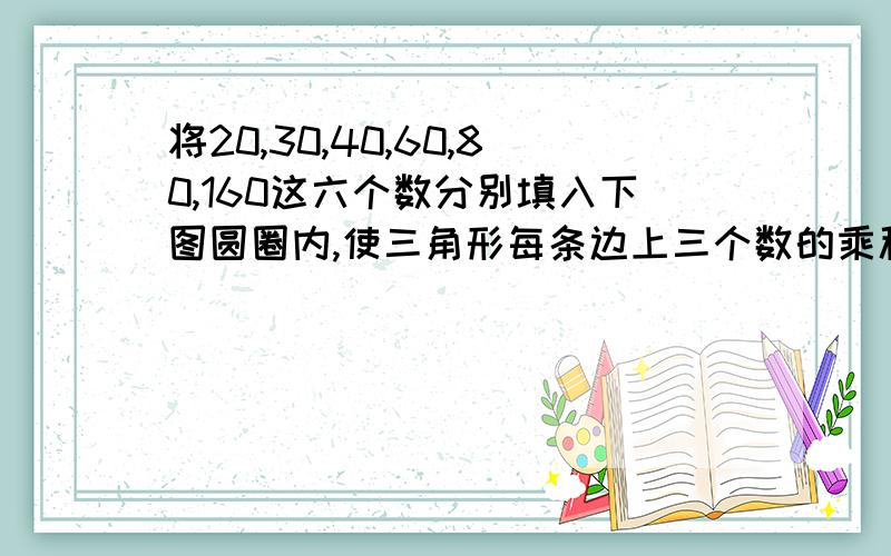 将20,30,40,60,80,160这六个数分别填入下图圆圈内,使三角形每条边上三个数的乘积相等