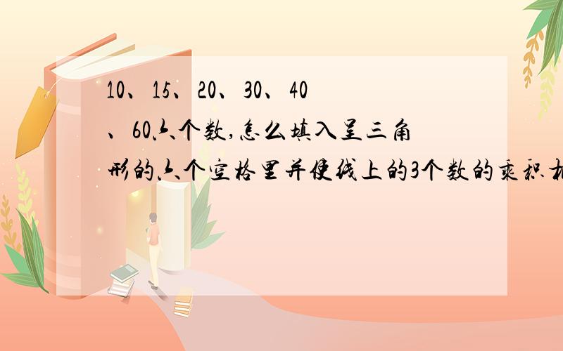 10、15、20、30、40、60六个数,怎么填入呈三角形的六个空格里并使线上的3个数的乘积相等