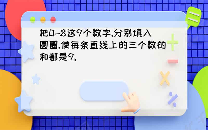 把0-8这9个数字,分别填入圆圈,使每条直线上的三个数的和都是9.