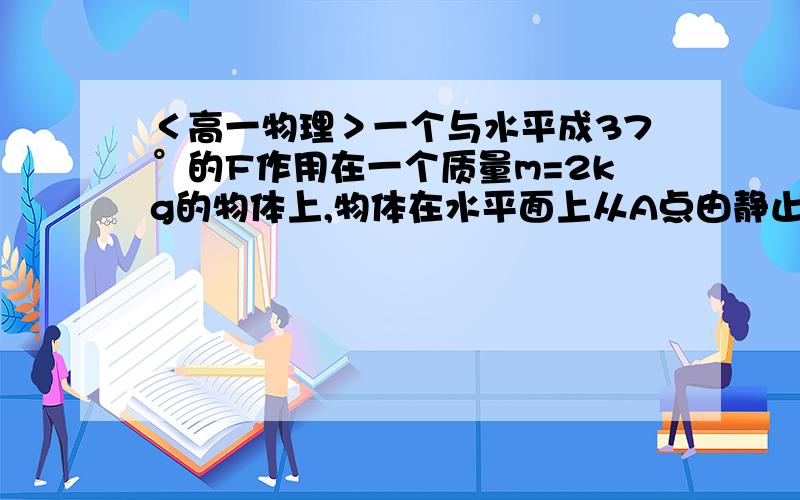 ＜高一物理＞一个与水平成37°的F作用在一个质量m=2kg的物体上,物体在水平面上从A点由静止拉到4m,后撤去F,再运动0.4s后在B停下,物体与地面间的动摩擦因数U等于0.5,求F的大小 有图  求解  最好