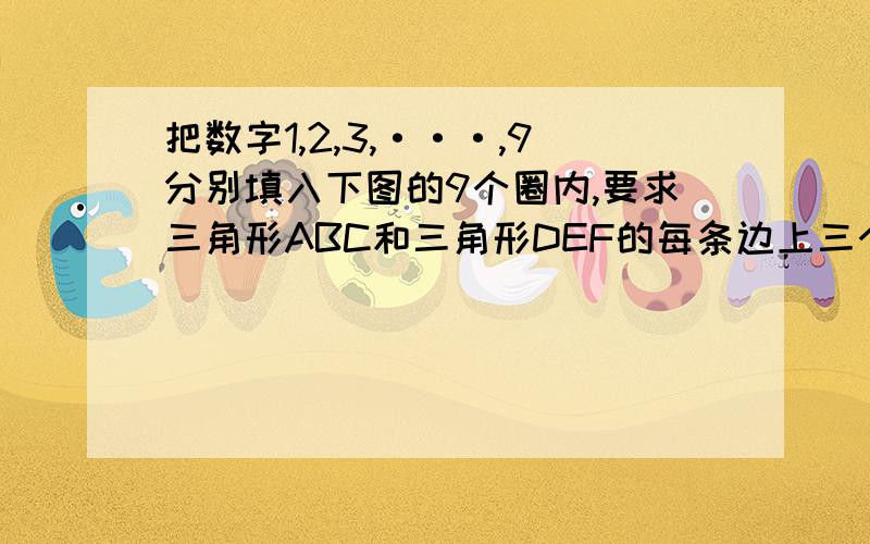 把数字1,2,3,···,9分别填入下图的9个圈内,要求三角形ABC和三角形DEF的每条边上三个圈内数位和为18共有多少种不同填法?并说明理由.