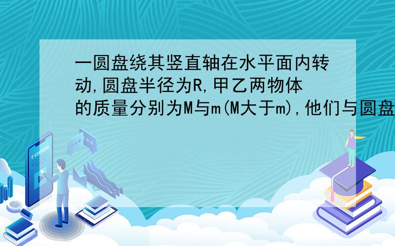 一圆盘绕其竖直轴在水平面内转动,圆盘半径为R,甲乙两物体的质量分别为M与m(M大于m),他们与圆盘之间的最大静摩擦力均为正压力的u倍,两物体用一根长为l(l大于R)的轻绳连在一起,若将甲物体