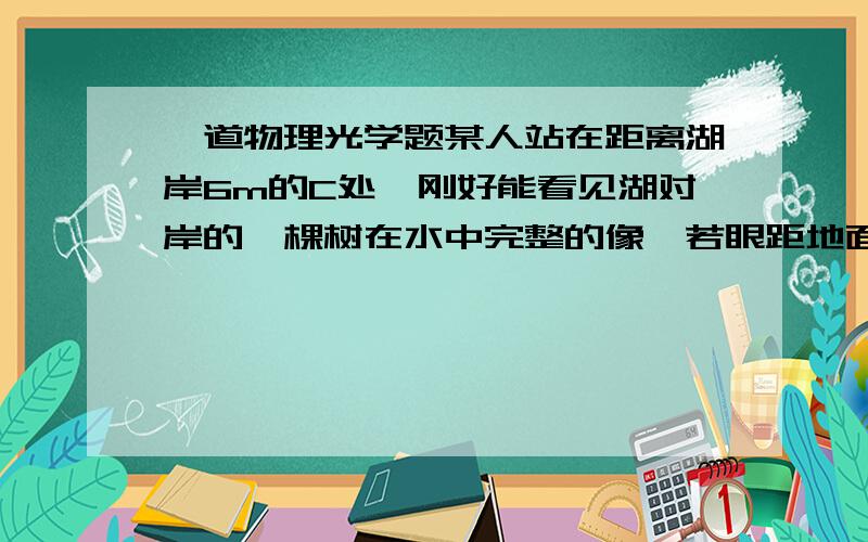 一道物理光学题某人站在距离湖岸6m的C处,刚好能看见湖对岸的一棵树在水中完整的像,若眼距地面恰为⒈5m,湖两岸均高出水面1m,湖宽40m,求树的高度.求详解