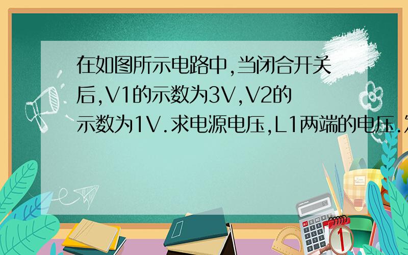 在如图所示电路中,当闭合开关后,V1的示数为3V,V2的示数为1V.求电源电压,L1两端的电压.发不了图片,麻烦大家可以查一下这题的图片.为什么V2电压表测的是L2的而不是测L1的电压?