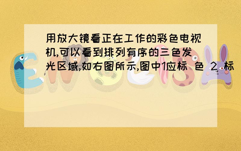 用放大镜看正在工作的彩色电视机,可以看到排列有序的三色发光区域,如右图所示,图中1应标 色 2 标 色