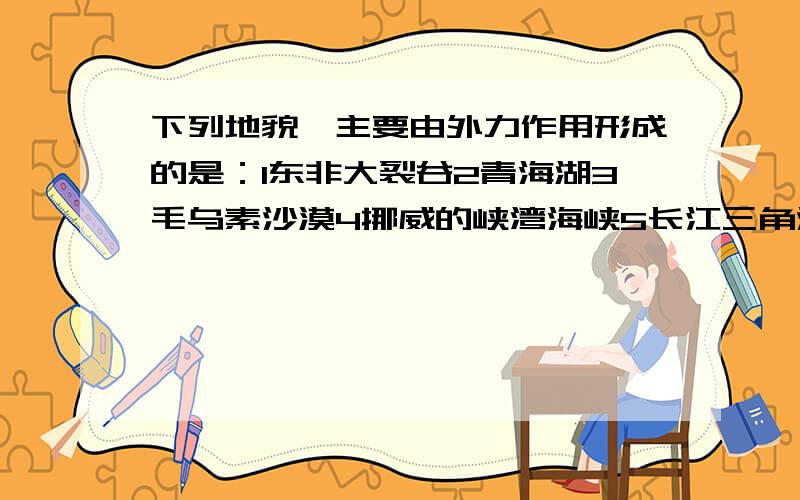 下列地貌,主要由外力作用形成的是：1东非大裂谷2青海湖3毛乌素沙漠4挪威的峡湾海峡5长江三角洲6台湾海峡（最好能分析