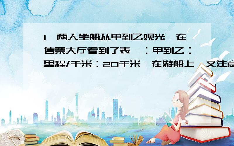 1、两人坐船从甲到乙观光,在售票大厅看到了表一：甲到乙：里程/千米：20千米,在游船上,又注意到了表二：甲到乙：出发时间：8：00,到达时间：9：00.一个人说：“我来考考你,若船在静水中