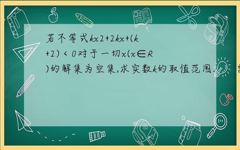 若不等式kx2+2kx+(k+2)＜0对于一切x(x∈R)的解集为空集,求实数k的取值范围.      需要过程加分析本人比较笨