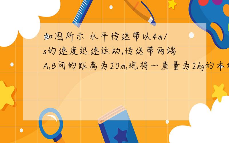 如图所示 水平传送带以4m/s的速度迅速运动,传送带两端A,B间的距离为20m,现将一质量为2kg的木块无初速...如图所示 水平传送带以4m/s的速度迅速运动,传送带两端A,B间的距离为20m,现将一质量为2k