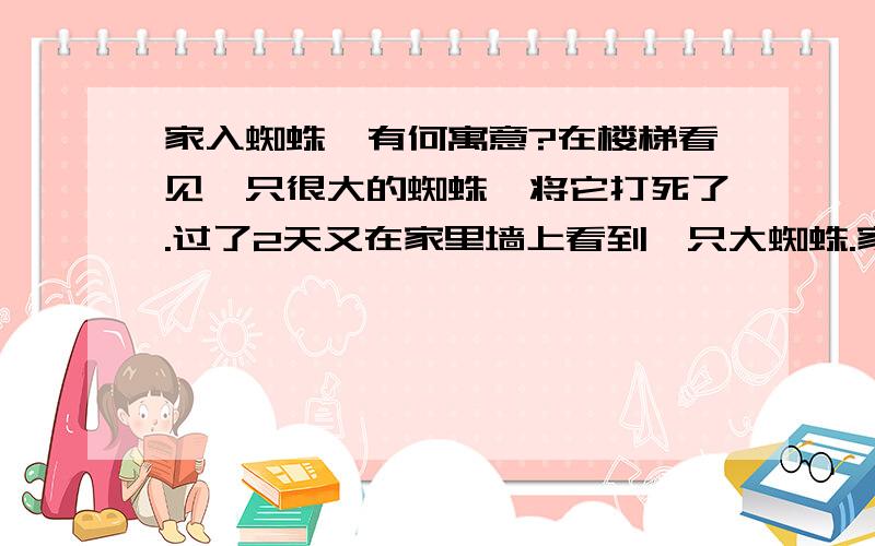 家入蜘蛛,有何寓意?在楼梯看见一只很大的蜘蛛,将它打死了.过了2天又在家里墙上看到一只大蜘蛛.家入蜘蛛有什么寓意吗?