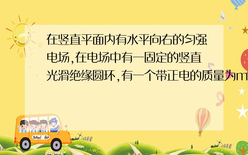 在竖直平面内有水平向右的匀强电场,在电场中有一固定的竖直光滑绝缘圆环,有一个带正电的质量为m的小球套在圆环上做圆周运动,已知小球受到的电场力为重力的四分之三,小球在圆环上做