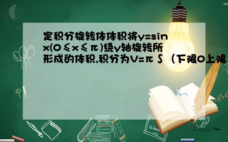 定积分旋转体体积将y=sinx(0≤x≤π)绕y轴旋转所形成的体积,积分为V=π∫（下限0上限1）[(π-arcsiny)^2-(arcsiny)^2]dy这个积分式是怎么得到的,