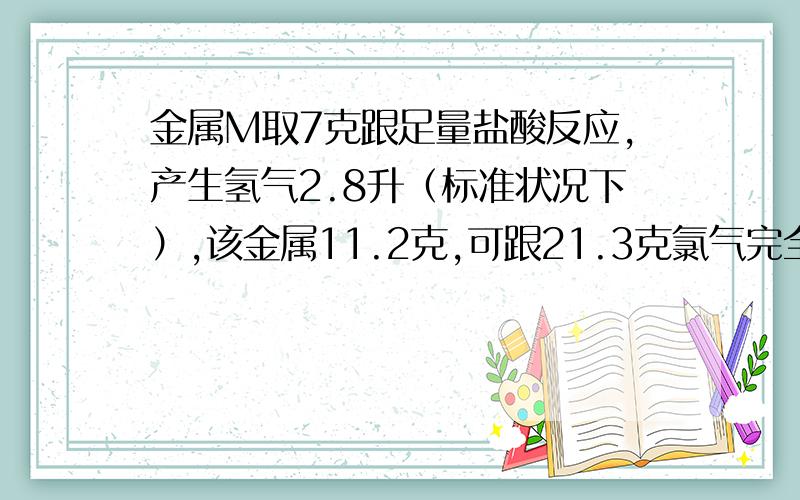 金属M取7克跟足量盐酸反应,产生氢气2.8升（标准状况下）,该金属11.2克,可跟21.3克氯气完全化合,生成该金属氯化物,试求该金属的相对原子质量.（我要过程）注意：我初三,高中的知识最好不