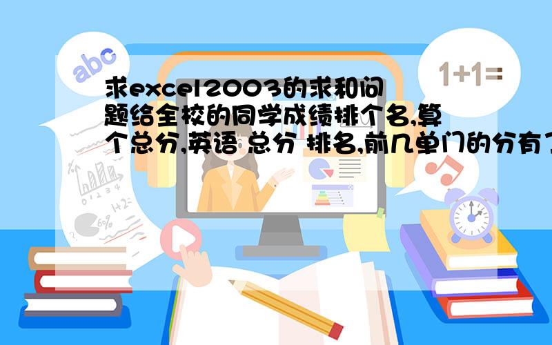 求excel2003的求和问题给全校的同学成绩排个名,算个总分,英语 总分 排名,前几单门的分有了,怎么算后面的总分 排名