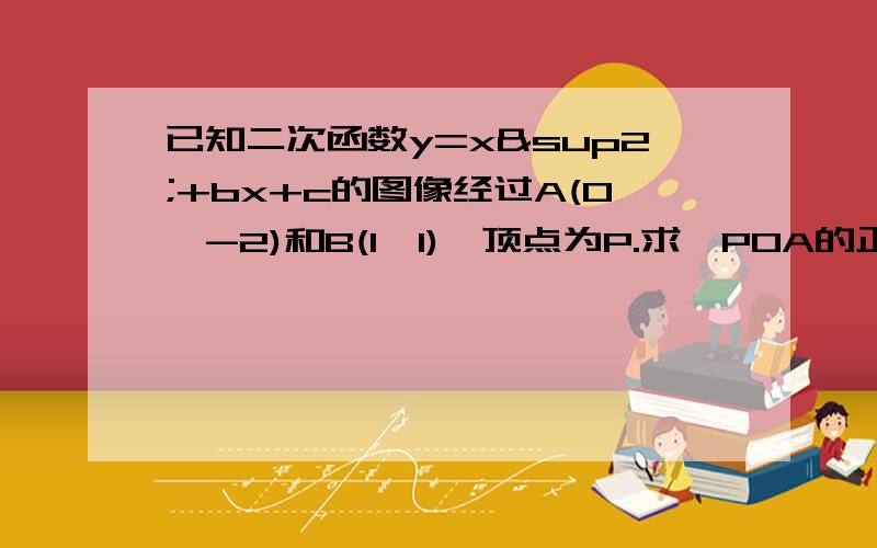 已知二次函数y=x²+bx+c的图像经过A(0,-2)和B(1,1),顶点为P.求∠POA的正切值