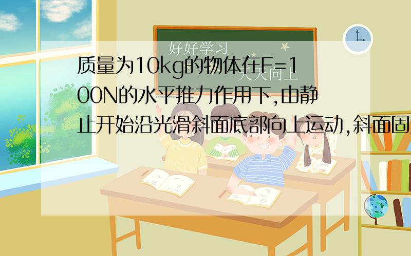 质量为10kg的物体在F=100N的水平推力作用下,由静止开始沿光滑斜面底部向上运动,斜面固定不动,与水平面的夹角为37°力F作用3s后撤去.求,（1）力F 撤去时物体的速度（2）物体上升的最大高度