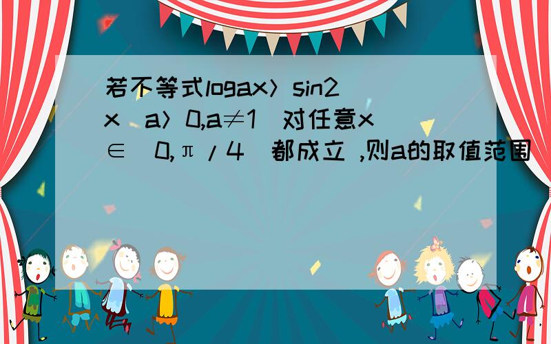 若不等式logax＞sin2x（a＞0,a≠1）对任意x∈(0,π/4）都成立 ,则a的取值范围